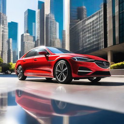 A vibrant red car parked on a city street, with a sleek and modern design, reflecting sunlight off its polished surface