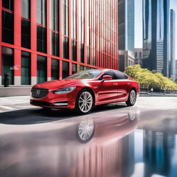 A vibrant red car parked on a city street, with a sleek and modern design, reflecting sunlight off its polished surface