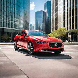 A vibrant red car parked on a city street, with a sleek and modern design, reflecting sunlight off its polished surface