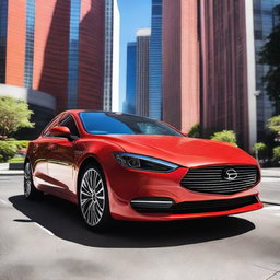 A vibrant red car parked on a city street, with a sleek and modern design, reflecting sunlight off its polished surface