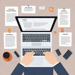 An enticing blog thumbnail illustration depicting elements of article creation, web content, content writing, typing, and language translation