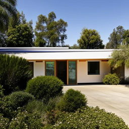 A mid-century modern home with sleek lines, large windows, and a flat roof, surrounded by lush landscaping