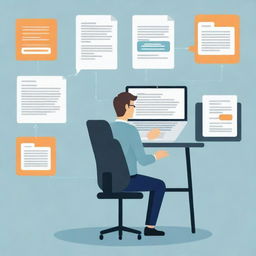 An enticing blog thumbnail illustration depicting elements of article creation, web content, content writing, typing, and language translation