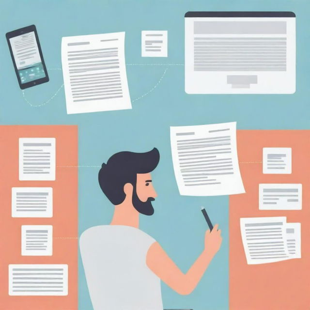 An enticing blog thumbnail illustration depicting elements of article creation, web content, content writing, typing, and language translation