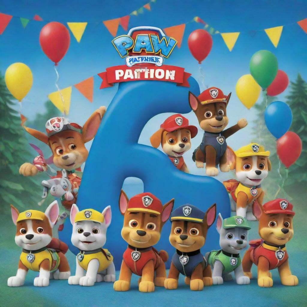 A vibrant birthday invitation featuring Paw Patrol characters in a festive setting, showcasing the number '7' prominently.