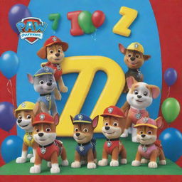 A vibrant birthday invitation featuring Paw Patrol characters in a festive setting, showcasing the number '7' prominently.