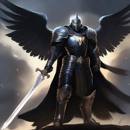 A powerful Aasimar paladin of vengeance clad in black armor, standing tall with a glowing sword