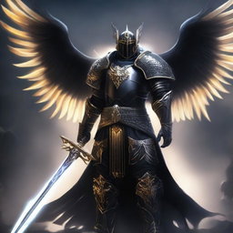 A powerful Aasimar paladin of vengeance clad in black armor, standing tall with a glowing sword