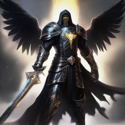 A powerful Aasimar paladin of vengeance clad in black armor, standing tall with a glowing sword