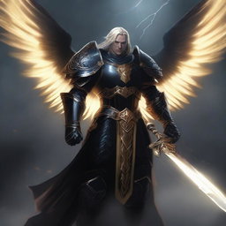 A powerful Aasimar paladin of vengeance clad in black armor, standing tall with a glowing sword