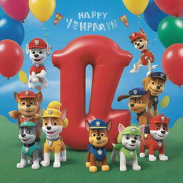 A vibrant birthday invitation featuring Paw Patrol characters in a festive setting, showcasing the number '7' prominently.