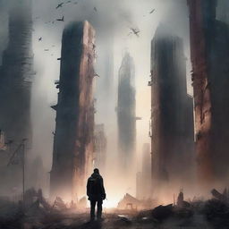 Create a back cover for a dystopian novel featuring an illustration filled with a sense of advanced technology and an apocalyptic atmosphere