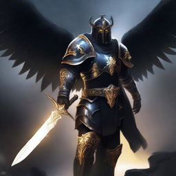 A powerful Aasimar paladin of vengeance clad in black armor, standing tall with a glowing sword