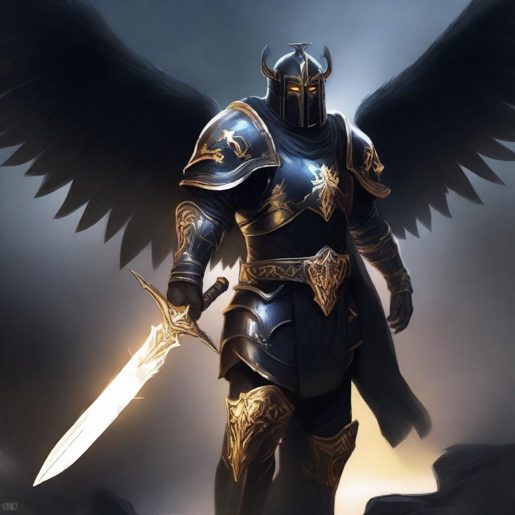 A powerful Aasimar paladin of vengeance clad in black armor, standing tall with a glowing sword