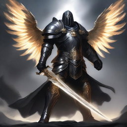 A powerful Aasimar paladin of vengeance clad in black armor, standing tall with a glowing sword