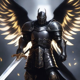 A powerful Aasimar paladin of vengeance clad in black armor, standing tall with a glowing sword