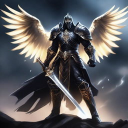 A powerful Aasimar paladin of vengeance clad in black armor, standing tall with a glowing sword