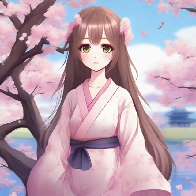 Create a beautiful anime-style waifu character with long flowing hair, big expressive eyes, and a cute outfit