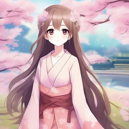 Create a beautiful anime-style waifu character with long flowing hair, big expressive eyes, and a cute outfit