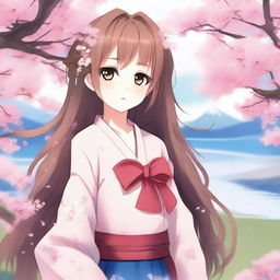 Create a beautiful anime-style waifu character with long flowing hair, big expressive eyes, and a cute outfit