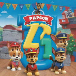 A vibrant birthday invitation featuring Paw Patrol characters in a festive setting, showcasing the number '7' prominently.