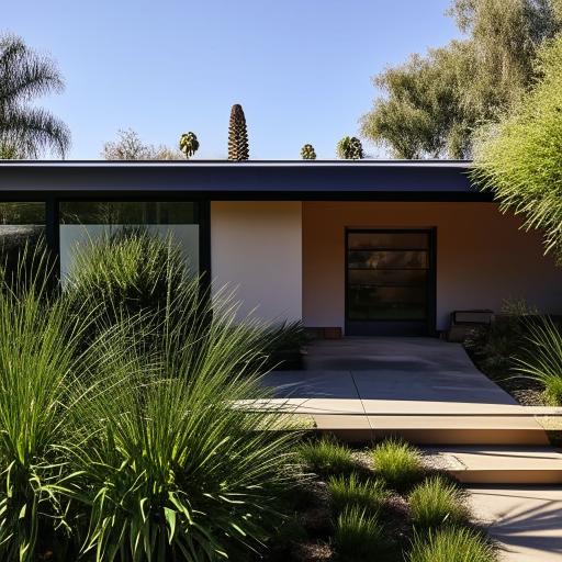 A mid-century modern home with sleek lines, large windows, and a flat roof, surrounded by lush landscaping