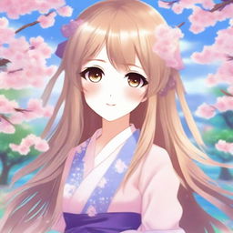 Create a beautiful anime-style waifu character with long flowing hair, big expressive eyes, and a cute outfit