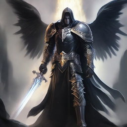 A powerful Aasimar paladin of vengeance clad in black armor, standing tall with a glowing sword