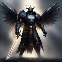 A powerful Aasimar paladin of vengeance clad in black armor, standing tall with a glowing sword