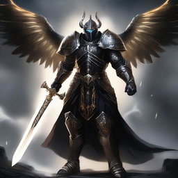 A powerful Aasimar paladin of vengeance clad in black armor, standing tall with a glowing sword