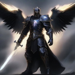 A powerful Aasimar paladin of vengeance clad in black armor, standing tall with a glowing sword
