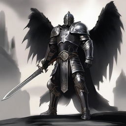 A black-armored Aasimar paladin of vengeance stands ready for battle, wielding a sword and shield