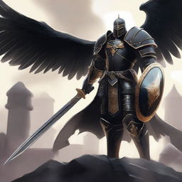 A black-armored Aasimar paladin of vengeance stands ready for battle, wielding a sword and shield