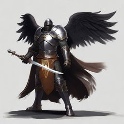 A black-armored Aasimar paladin of vengeance stands ready for battle, wielding a sword and shield