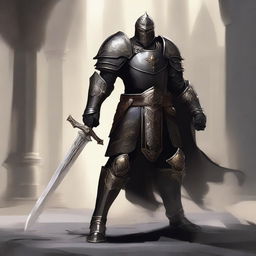 A black-armored Aasimar paladin of vengeance stands ready for battle, wielding a sword and shield