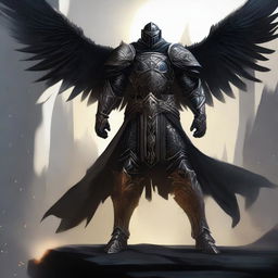 A black-armored Aasimar paladin of vengeance stands in a heroic pose