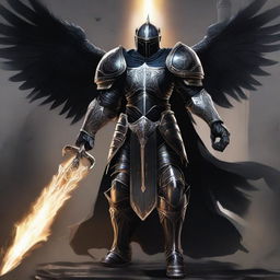 A black-armored Aasimar paladin of vengeance stands in a heroic pose