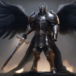 A black-armored Aasimar paladin of vengeance stands in a heroic pose