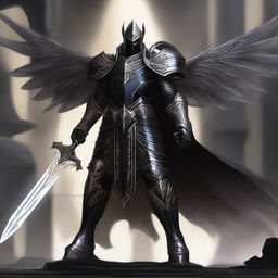 A black-armored Aasimar paladin of vengeance stands in a heroic pose