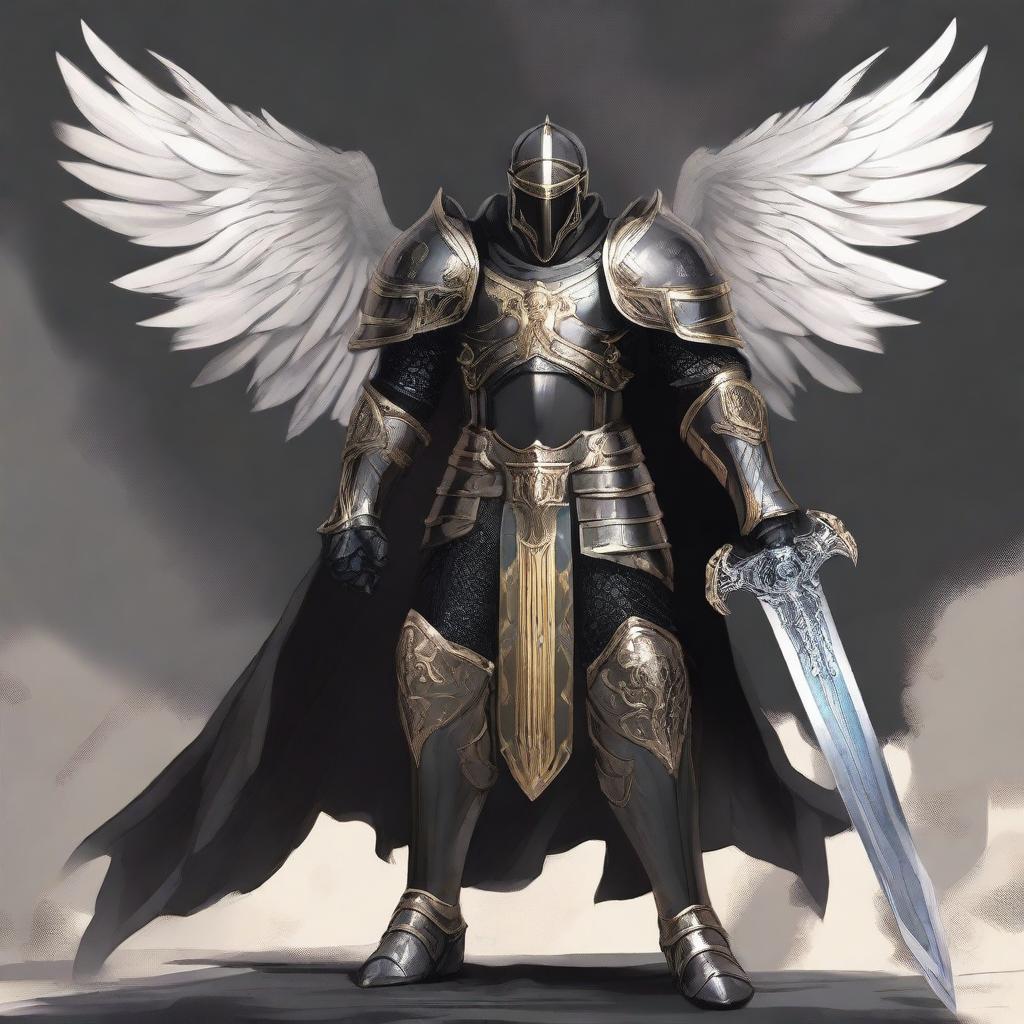 A black-armored Aasimar paladin of vengeance stands in a heroic pose