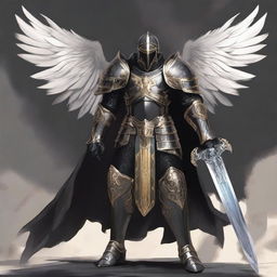 A black-armored Aasimar paladin of vengeance stands in a heroic pose