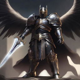 A black-armored Aasimar paladin of vengeance stands in a heroic pose