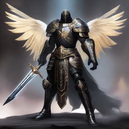 A black-armored Aasimar paladin of vengeance stands in a heroic pose