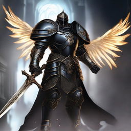 A black-armored Aasimar paladin of vengeance stands in a heroic pose