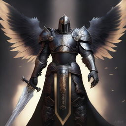 A black-armored Aasimar paladin of vengeance stands in a heroic pose