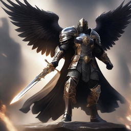 A black-armored Aasimar paladin of vengeance stands in a heroic pose