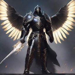 A black-armored Aasimar paladin of vengeance stands in a heroic pose