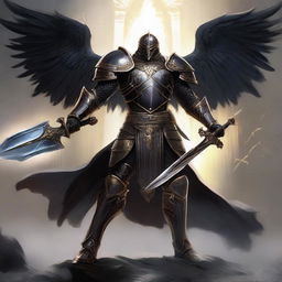 A black-armored Aasimar paladin of vengeance stands in a heroic pose without a helmet