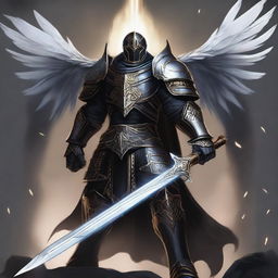 A black-armored Aasimar paladin of vengeance stands in a heroic pose without a helmet