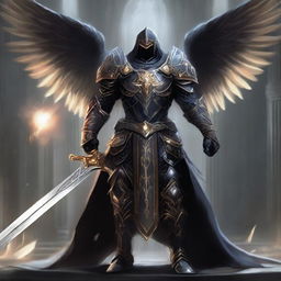 A black-armored Aasimar paladin of vengeance stands in a heroic pose without a helmet